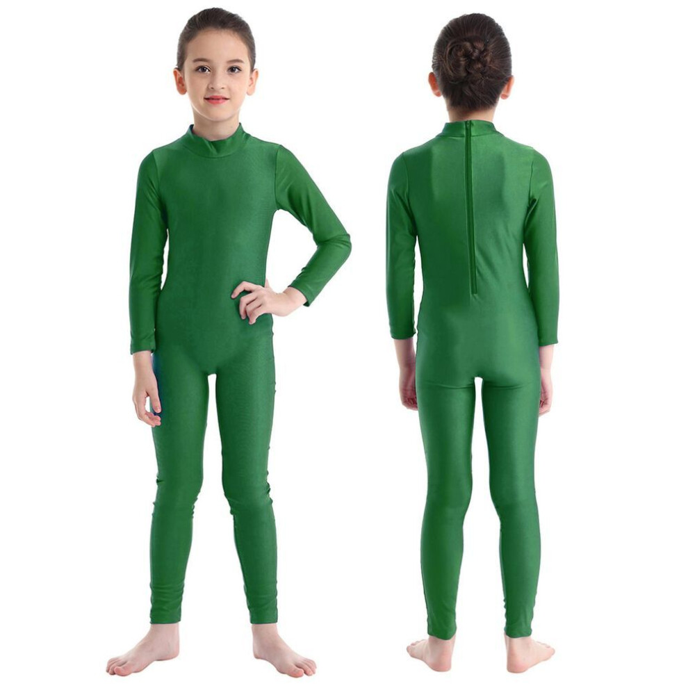 (green, 9-10 Years) Kids Girls Long Sleeves Zippered Mock Neck Full Body Suit Ballet Dance Gymnastic Unitard Jumpsuit