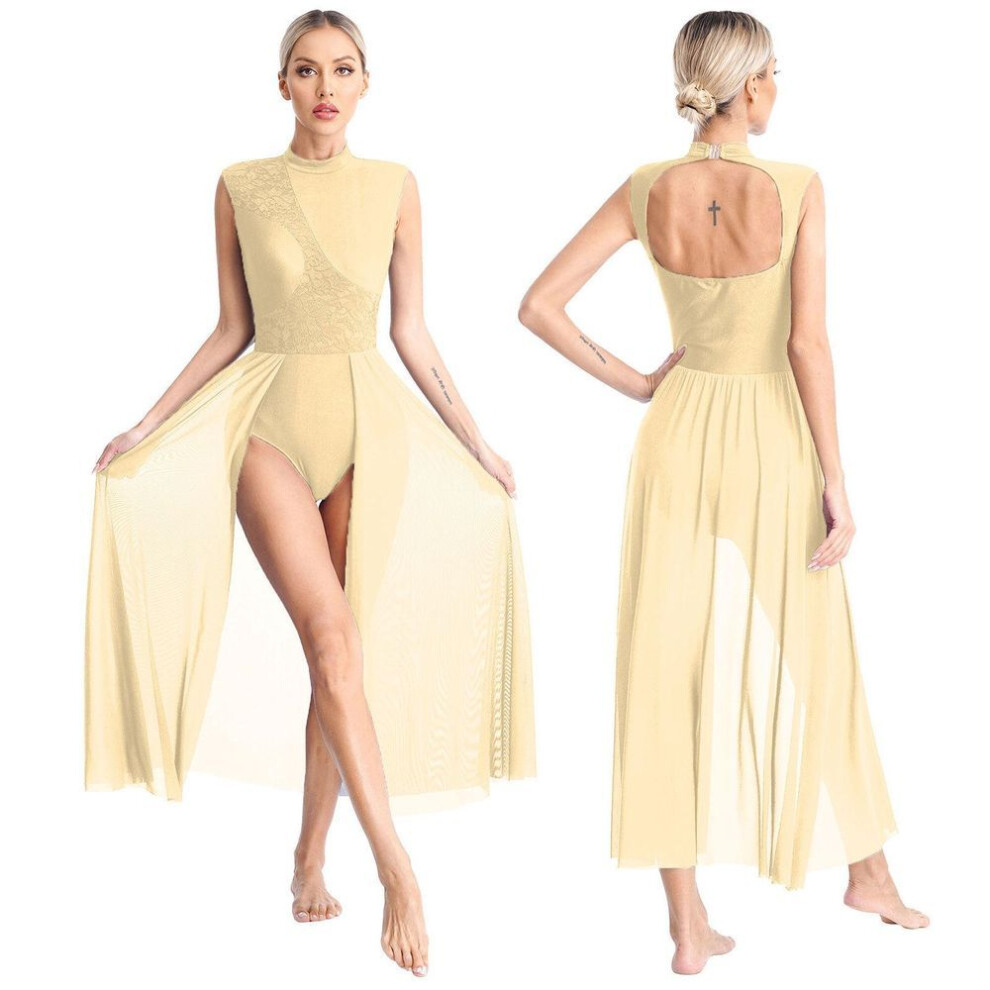 (champagne, XL) Womens Contemporary Lyrical Dance Dress Ballet Gymnastics Leotard Sleeveless Chiffon Flowy Dress Stage Performance Dancewear