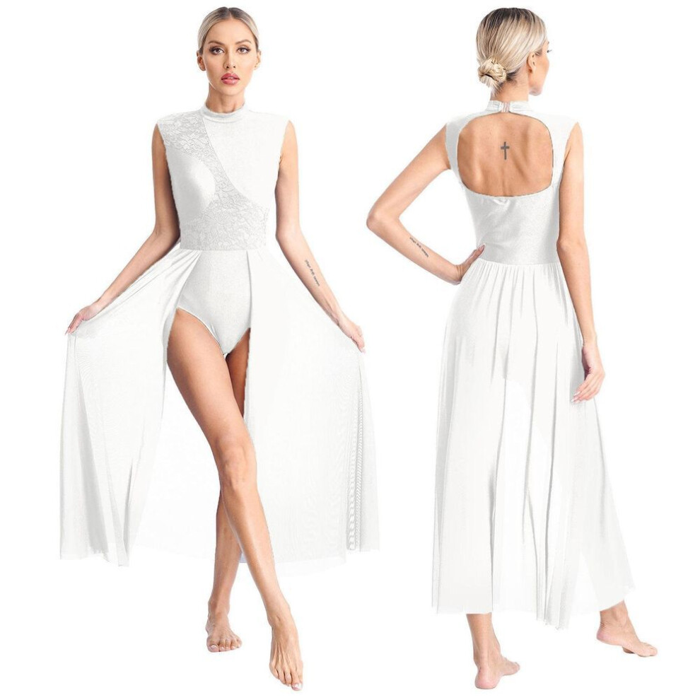 (white, XL) Womens Contemporary Lyrical Dance Dress Ballet Gymnastics Leotard Sleeveless Chiffon Flowy Dress Stage Performance Dancewear