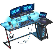 (140 cm) ODK L Shaped Gaming Desk with LED Lights & Power Outlets, Gaming