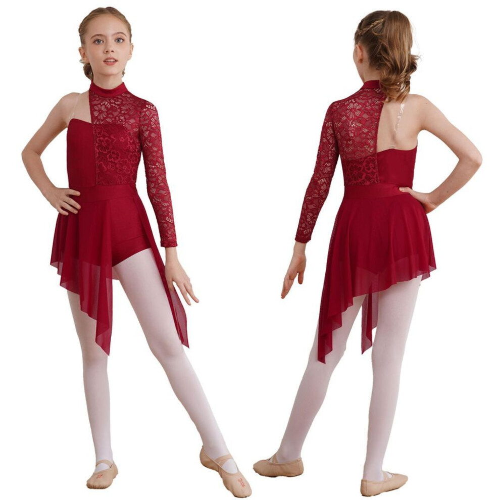 (burgundy, 5-6 Years) Kids Floral Lace Bodice Latin Jazz Dance Leotard Dress Dancewear Girls Ballroom Dancing Figure Skating Costumes