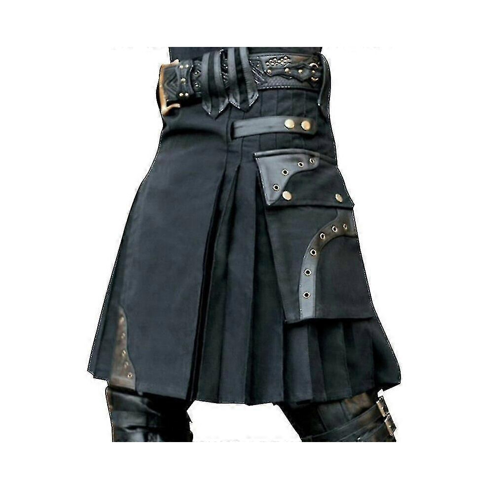 (XXXL, One size) Medieval New Scottish Men Kilt Traditional Solid Skirt Metal Classic Retro Personality Kilts Check Pattern Pocket Pleated Skirts Color1