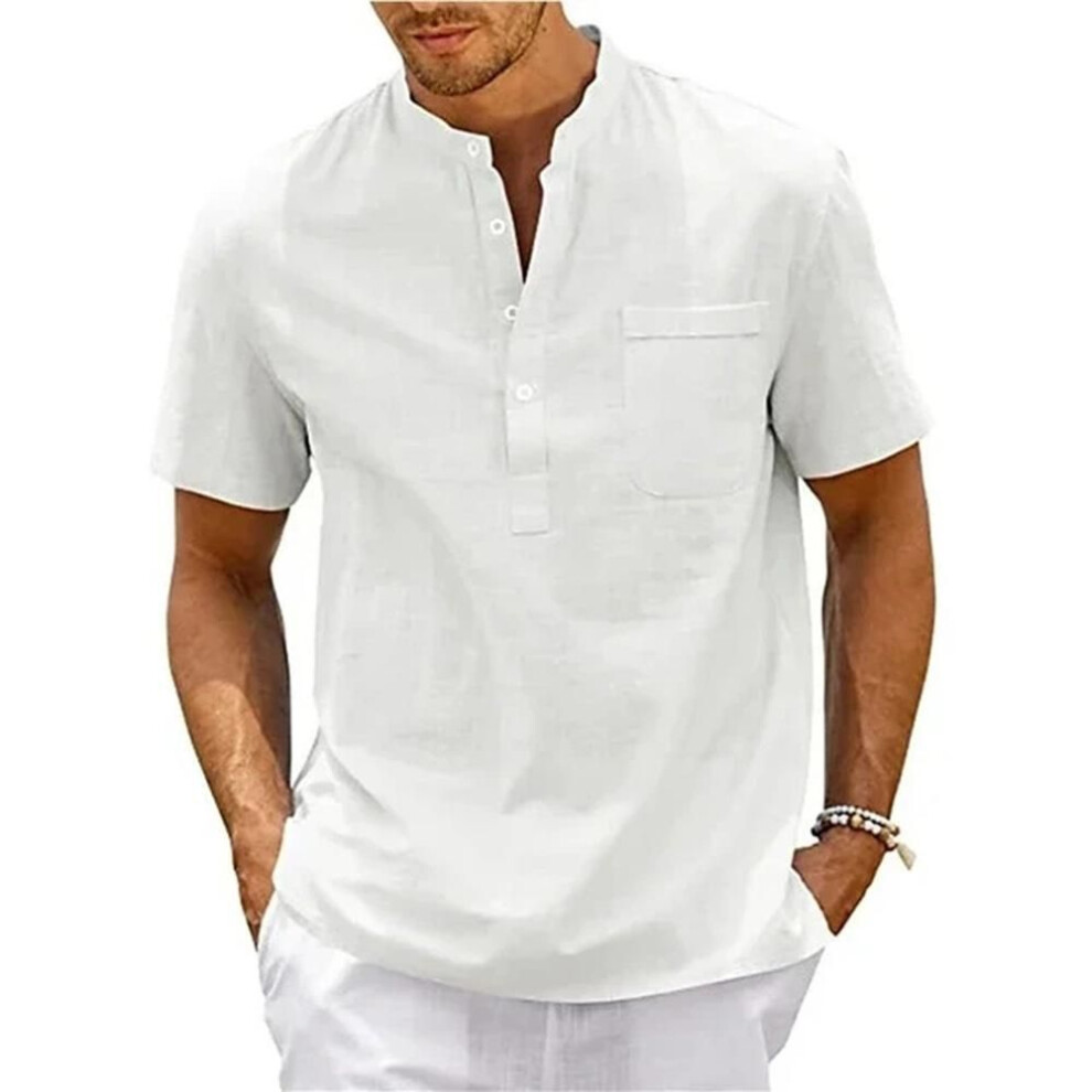 (white, S) Casual Men's Short-Sleeved Cotton Linen T-shirt, S-3XL