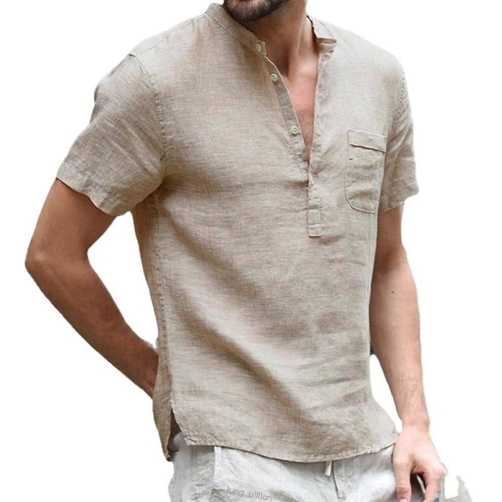 (khaki, US M 60-70 KG) Summer New Men&apos;s Short-Sleeved T-shirt Cotton and Linen Led Casual Men&apos;s T-shirt Shirt Male  Breathable S-3XL