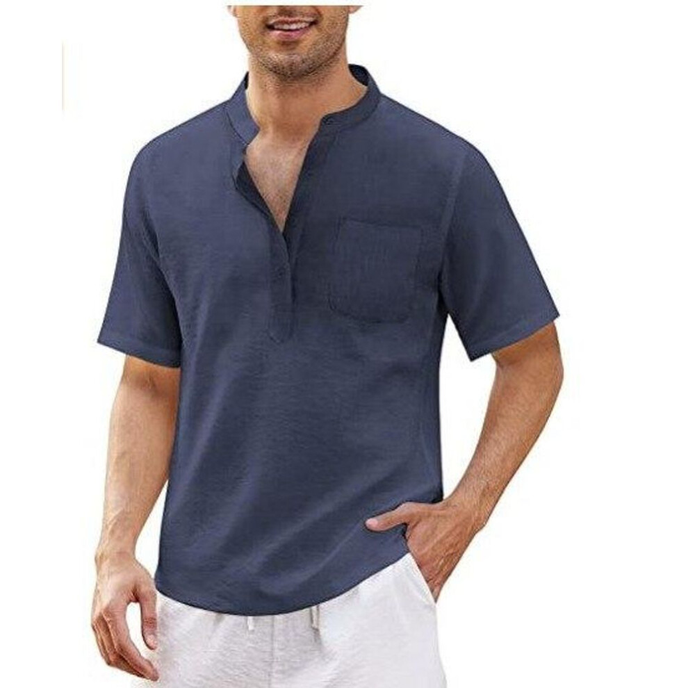 (navy blue, US XXXL 100-110KG) Summer New Men&apos;s Short-sleeved T-shirt Cotton And Linen Led Casual Men&apos;s T-shirt Shirt Male  Breathable S-3xl