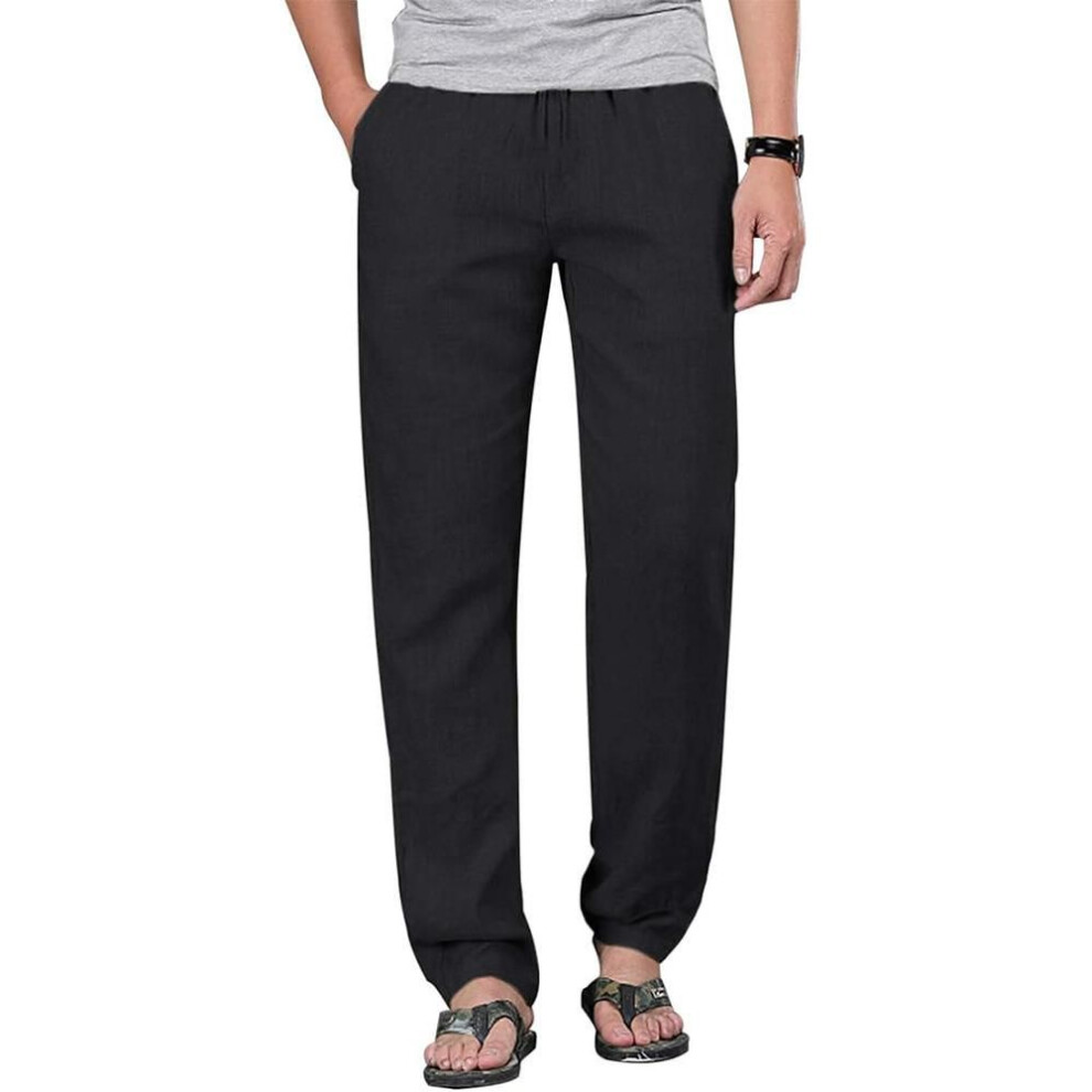 (black, L) Mens Cotton Linen Drawstring Pants Elastic Waist Casual Jogger Yoga Pants Beach Trousers Baggy Loose Men Sweatpants