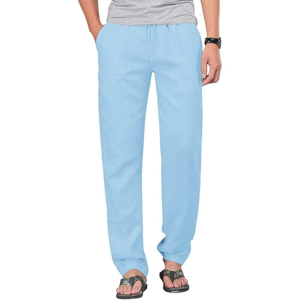 (sky blue, XXL) Mens Cotton Linen Drawstring Pants Elastic Waist Casual Jogger Yoga Pants Beach Trousers Baggy Loose Men Sweatpants