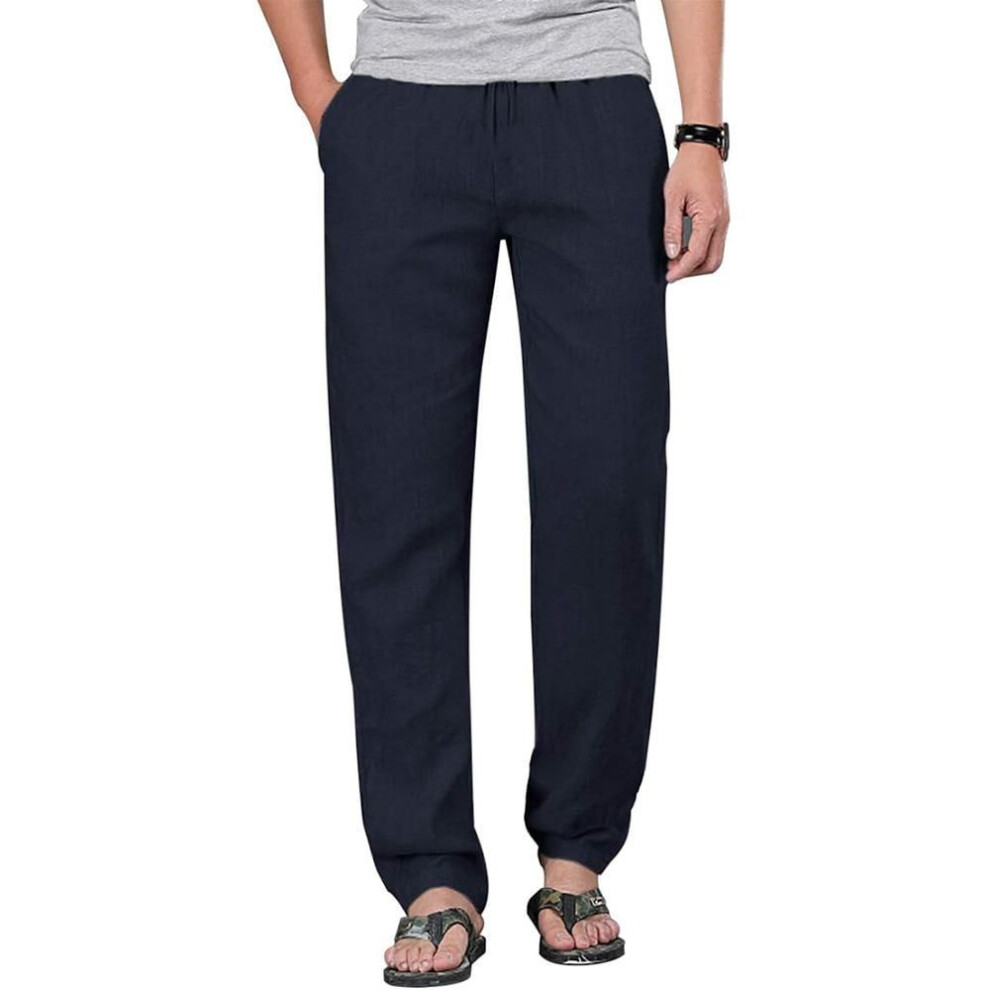 (dark blue, L) Mens Cotton Linen Drawstring Pants Elastic Waist Casual Jogger Yoga Pants Beach Trousers Baggy Loose Men Sweatpants