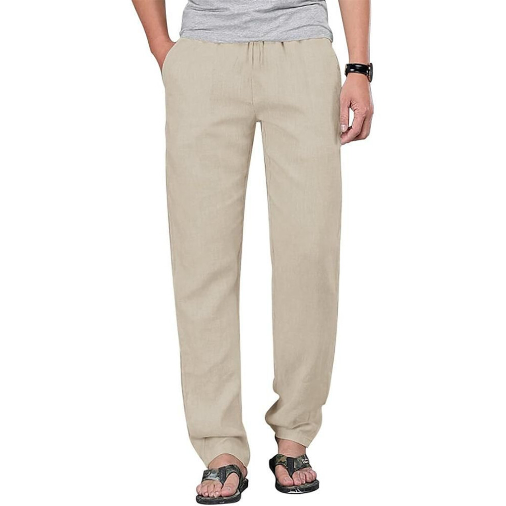 (beige, XL) Mens Cotton Linen Drawstring Pants Elastic Waist Casual Jogger Yoga Pants Beach Trousers Baggy Loose Men Sweatpants