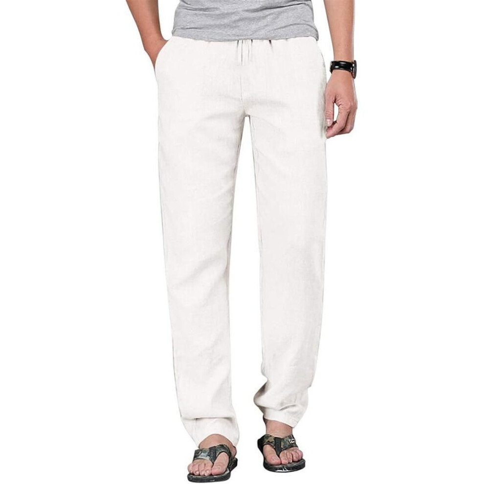 (white, XXXL) Mens Cotton Linen Drawstring Pants Elastic Waist Casual Jogger Yoga Pants Beach Trousers Baggy Loose Men Sweatpants