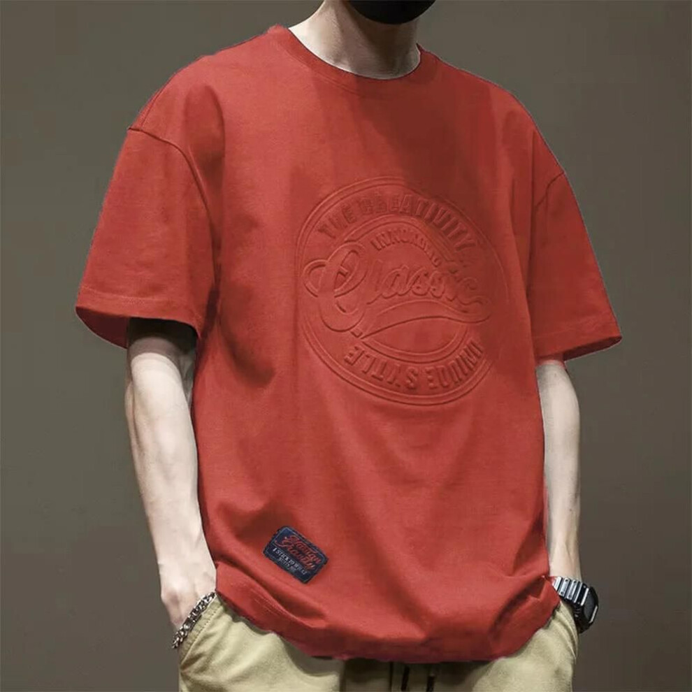 (red, Asian XXXL) Men&apos;s O-neck T-shirt Male Solid Color Cotton 100% Short Sleeve Tops Summer Clothing Comfortable Casual Tees Steel Print Design Style