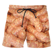 (Golden, 3XL) Sausage Print Men Shorts Wide Leg Elastic Waist Drawstring Food Shorts