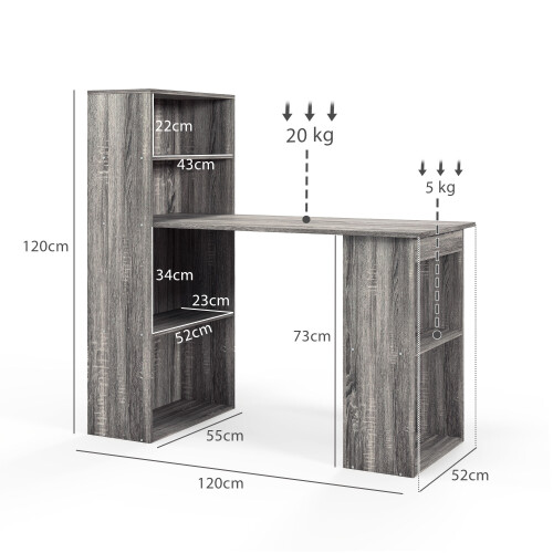 Homcom HOMCOM 120cm Computer Desk Bookshelf Writing Table 6 Shelves Grey 2