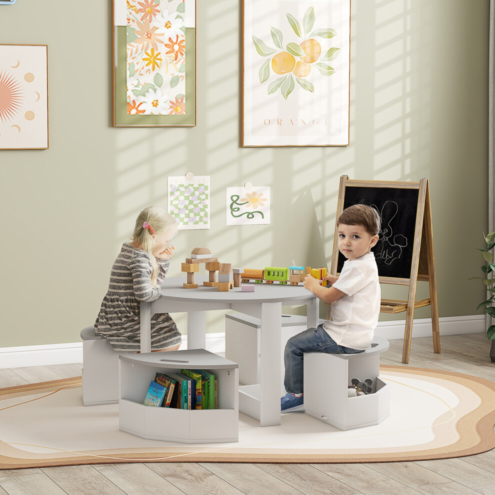 AIYAPLAY Five-Piece Kids Table and Chairs Set w/ Storage for 3-8 Years, Grey