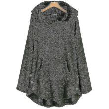 (S, One size) Hooded pullover longsleeved doublesided velvet midlength irregular sweatshirt with pocket button decoration