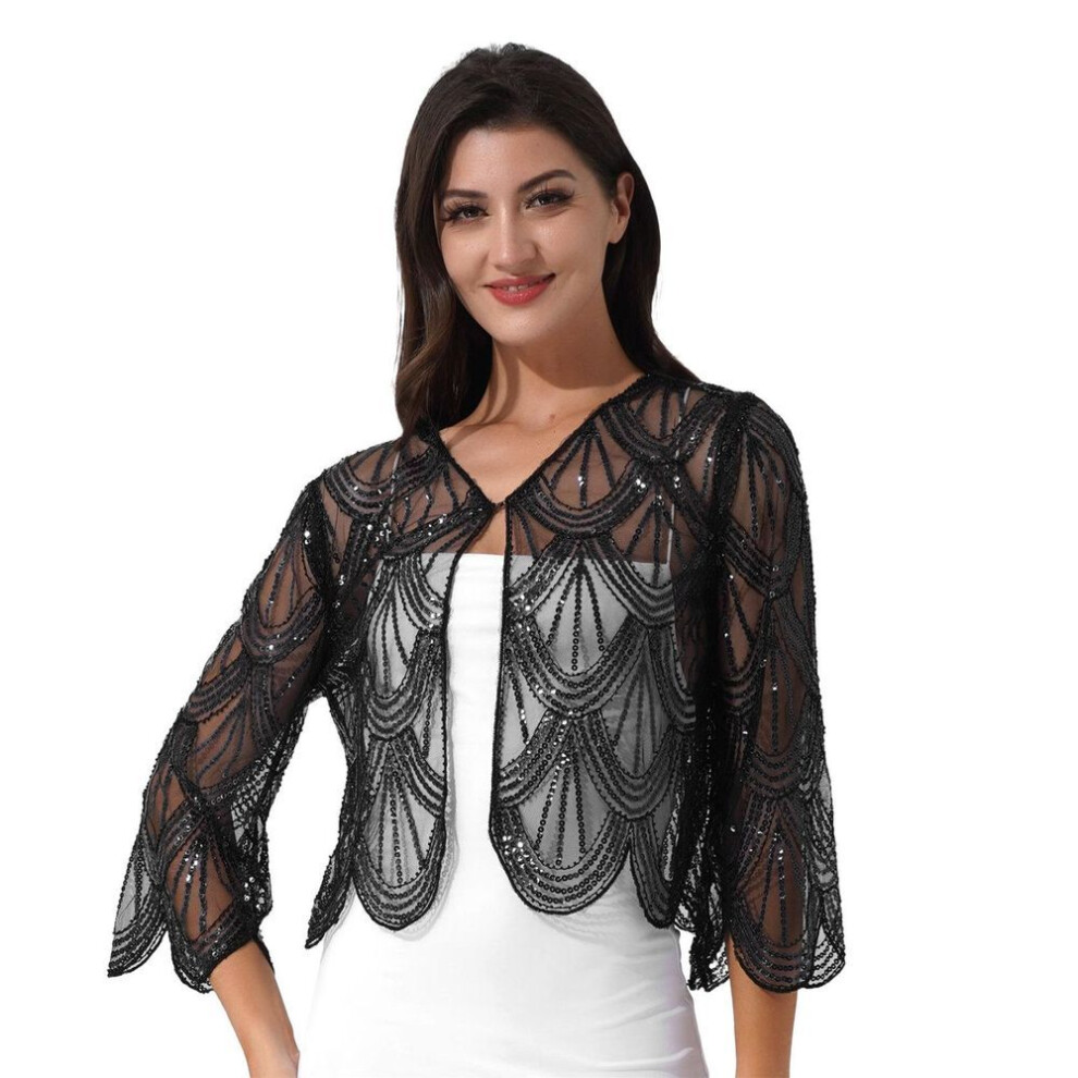 (black, One Size) Women 1920s Sequin Hollow Lace Shawl Wraps Evening Cape Flapper Cover Up Bridal Bolero Shrug