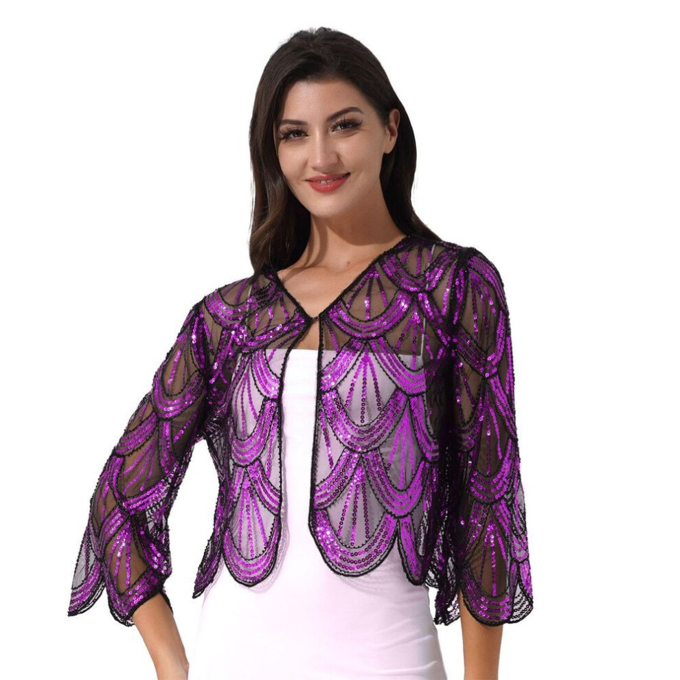 (rose red, One Size) Women 1920s Sequin Hollow Lace Shawl Wraps Evening Cape Flapper Cover Up Bridal Bolero Shrug