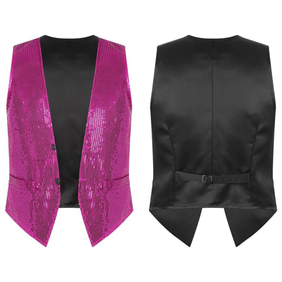 (hot pink, M) Mens Womens Glitter Sequin Sleeveless Vest Waistcoat Jacket Suit Blazer Carnival Stage Costume