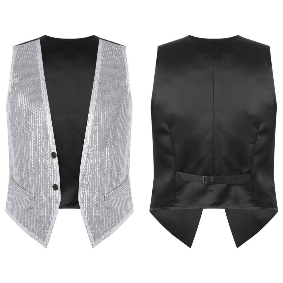 (silver, XL) Mens Womens Glitter Sequin Sleeveless Vest Waistcoat Jacket Suit Blazer Carnival Stage Costume