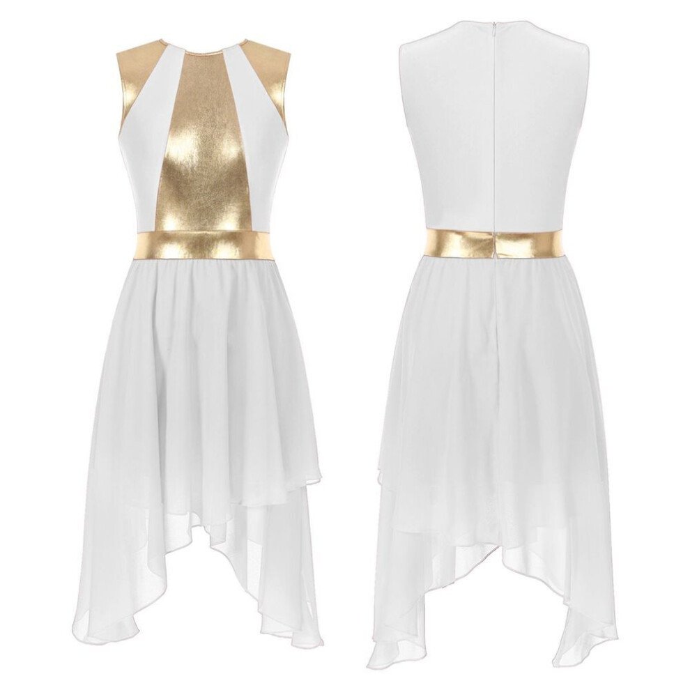(white, XXL) Women Praise Dancewear Robe Dress Worship Costume Chiffon Splice Sleeveless Dresses Liturgical Dance