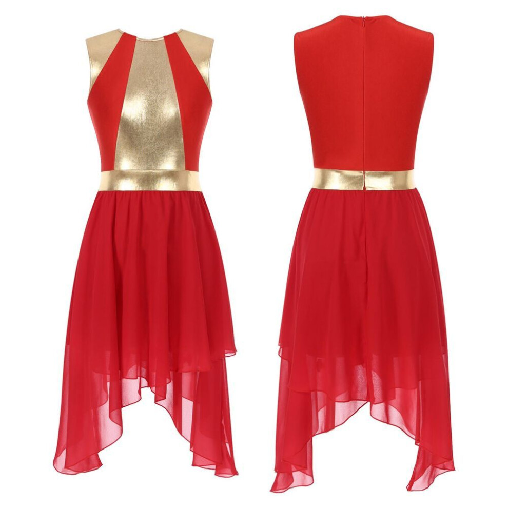 (red, L) Women Praise Dancewear Robe Dress Worship Costume Chiffon Splice Sleeveless Dresses Liturgical Dance