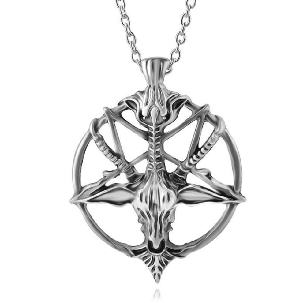 (silver) Pentagram Necklace Skull Goat Head Pendant Satanism Occult Metal Vintage Silver Star Men Jewelry