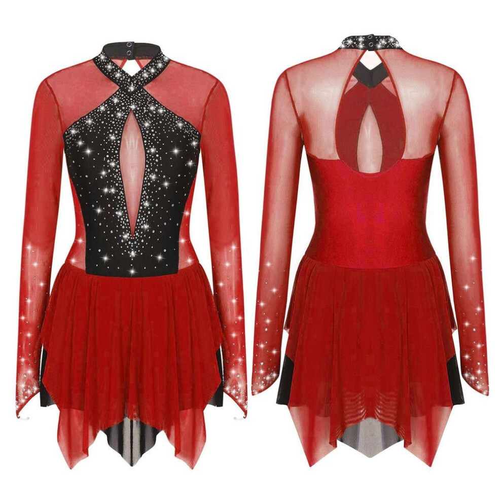 (burgundy, L) Womens Sparkling Rhinestones Dance Dress Contrast Color Keyhole Back Figure Skating Long Sleeve Dresses