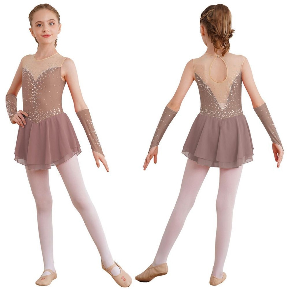(pink, 7-8 Years) Girls Ice Figure Skating Dress Ballet Dance Competition Gymnastics Rhinestone Leotard Dresses With Gloves