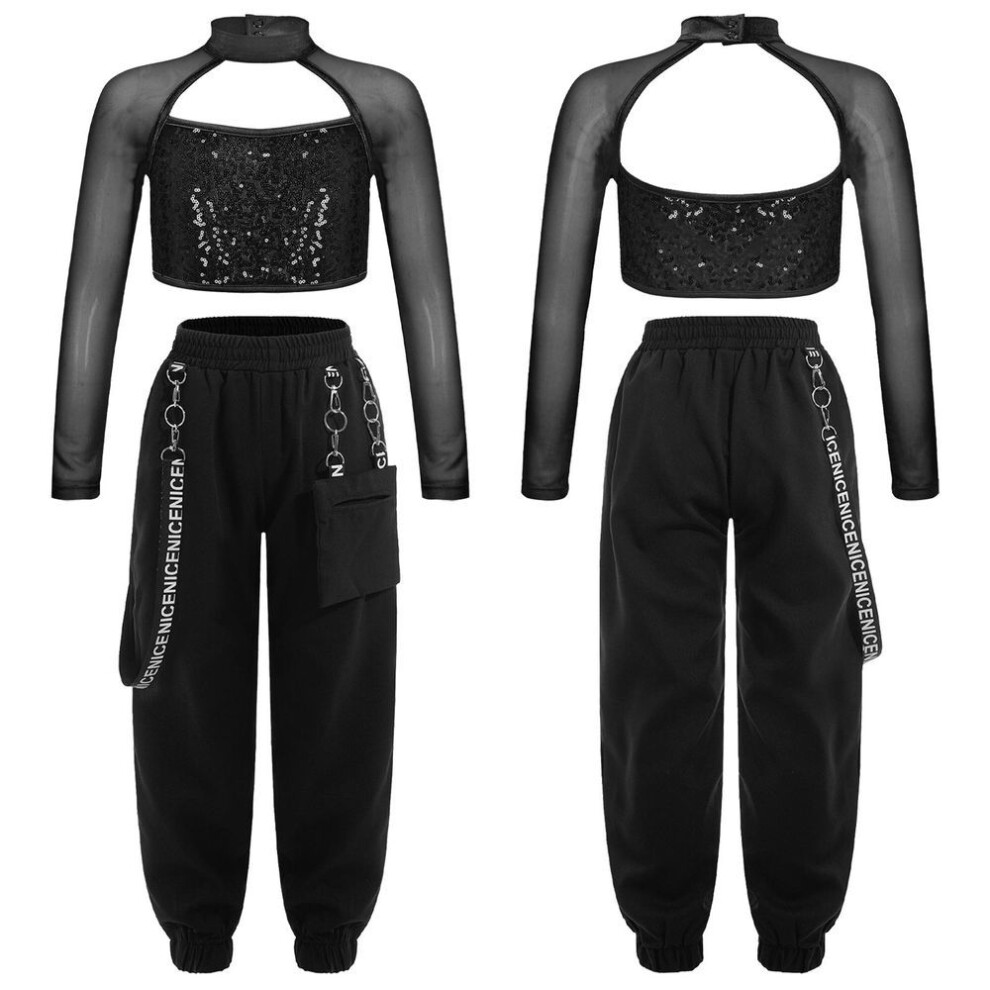 (black, 15-16 Years) Kids Girls Casual Outfits Long Sleeve Mock Neck Crop Top With Elastic Waistband Pants For Hip-hop Street Dance