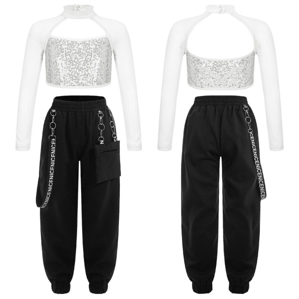 (silver, 15-16 Years) Kids Girls Casual Outfits Long Sleeve Mock Neck Crop Top with Elastic Waistband Pants for Hip-hop Street Dance