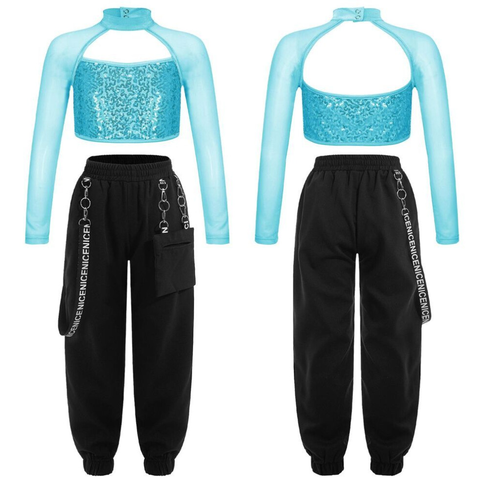 (lake green, 5-6 Years) Kids Girls Casual Outfits Long Sleeve Mock Neck Crop Top with Elastic Waistband Pants for Hip-hop Street Dance