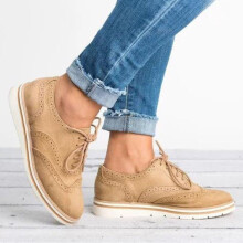(Camel, 39) Women Flat Oxford Brogue Lace-up Pumps Office Sneakers Shoes