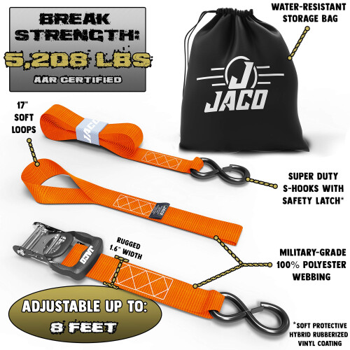 JACO Fitas de Ratchet Pesadas - 1,6 polegadas x 8 pés (4 Pacotes) | Kit de Amarração com Laços Macios - 5.208 lbs (Laranja) 1