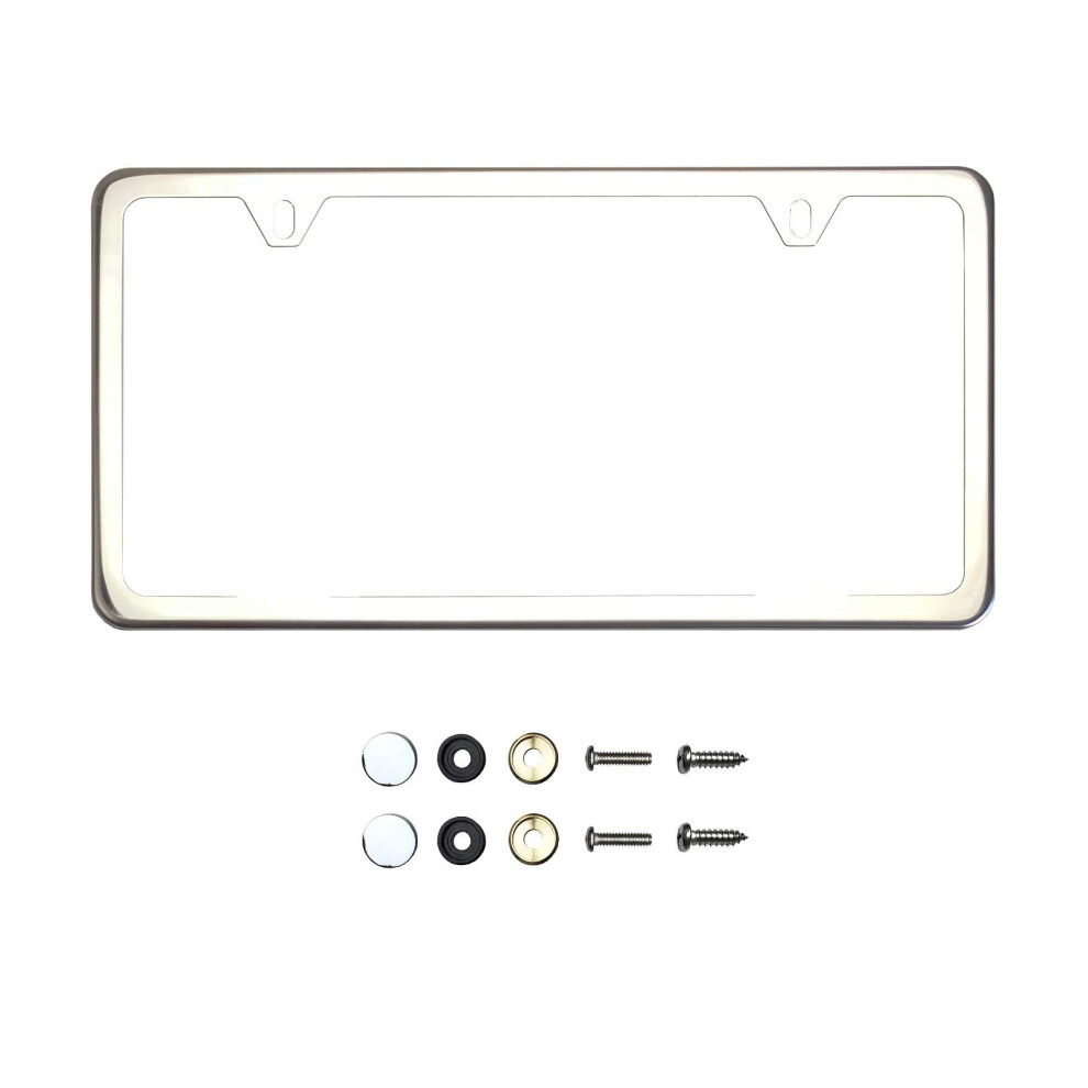 Ka Depot Two Hole Slim Version Chrome Polish Mirror License Plate Frame T304 Stainless Steel + Metal Screw Caps 712784875971