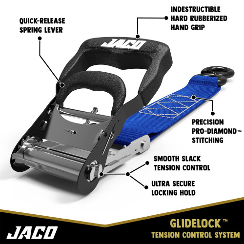 JACO Fitas de Ratchet Reforçadas - 1.6 polegadas x 8 pés (4 Pacote) | Kit de Amarração com Laços Macios - 5,208 lbs (Azul) 1