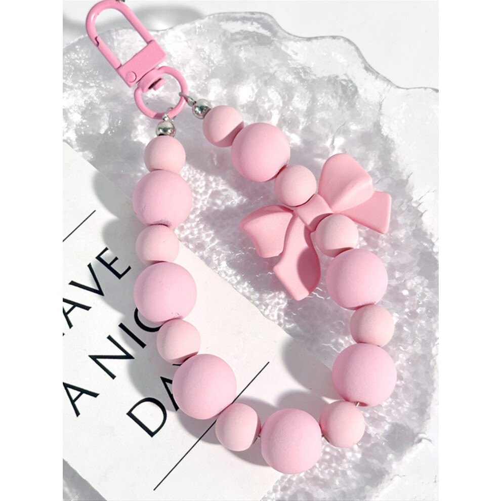 1 Pink Pearl Bow Keychain, Phone Chain, Headphone Cover, Anti Loss Strap, Car Keychain, Bead Decoration Pink,White