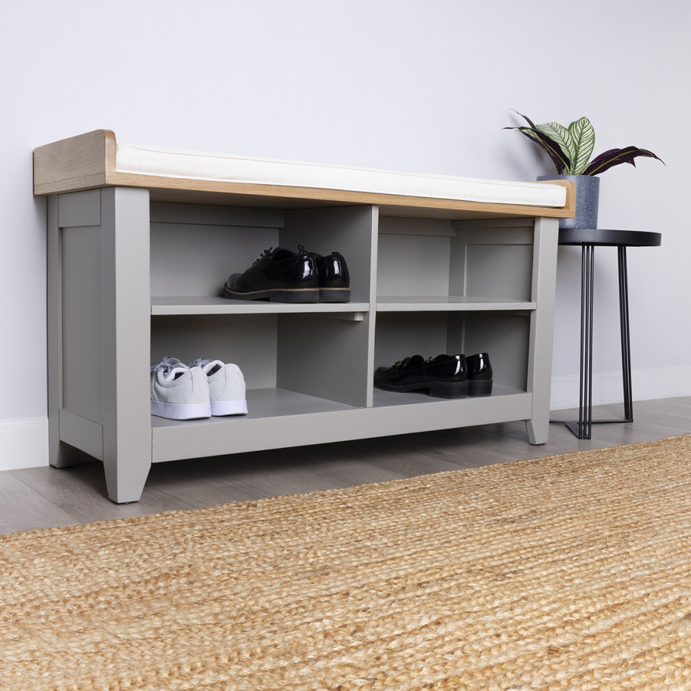 CHARLES BENTLEY Shoe Storage Shelves, Shoe Rack, Charnwood, Hallway, Bench with Open Shoe Tidy, Free Standing, 4 Cubbies, Painted Grey, Removable Seat