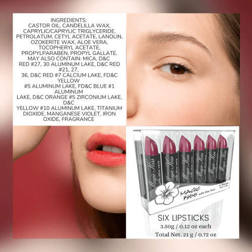 Magic Kiss Lipstick Set Αλόη Βέρα Χρώμα Αλλαγής 6 Πακέτο Φτιαγμένο στις ΗΠΑ (Μωβ) 2