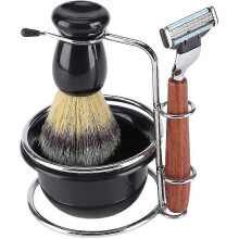 Shaving Set - Manual Razor Shaving Kit + Brush + Stainless Steel Foot Stand + Badger Hair Bowl 4 Pieces Shaving Sets