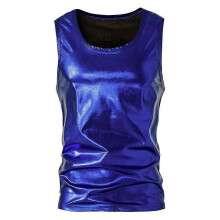 (L, Blue) Men's Vest Shiny Vest Metallic Tank Top T-shirt Sleeveless Club Party Tops For Nightclub Multiple Sizes Available