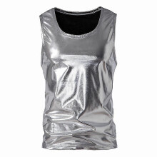 (2XL, Silver) Men's Vest Shiny Vest Metallic Tank Top T-shirt Sleeveless Club Party Tops For Nightclub Multiple Sizes Available