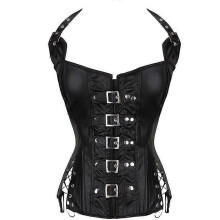 (XL, black) Corset Slimming Body Shapewear Over bust Women's Rock Punk Faux Leather Buckle-up Halter Corsets Bustiers Basque