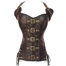 (XXL, brown) Corset Slimming Body Shapewear Over bust Women's Rock Punk Faux Leather Buckle-up Halter Corsets Bustiers Basque
