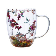 (as the picture, 250ml) Dried Flower Double Wall Clear Glass Coffee Mug 250/350ml Insulated Glass Cup for Hot Cold Beverages Cappuccino Latte Espresso Cup Unique Gift