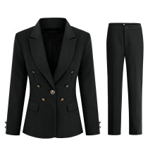 (Black, 2XL) Yynuda Womens 2-piece Office Lady Business Dress Peak Lapel Metal Buckle Slim Suit (blazer pants)