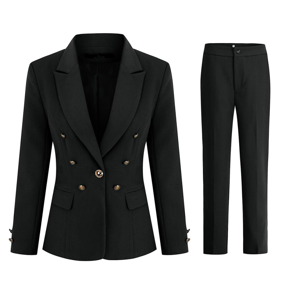(Black, M) Yynuda Womens 2-piece Office Lady Business Dress Peak Lapel Metal Buckle Slim Suit (blazer pants)