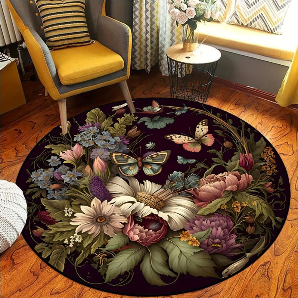 (120X120cm) 1pcs Darkness Butterfly Floral Pattern Round Area Rug Indoor Non-slip Washable Fiber Carpet Soft Comfortable Mat For Bedroom Living Room