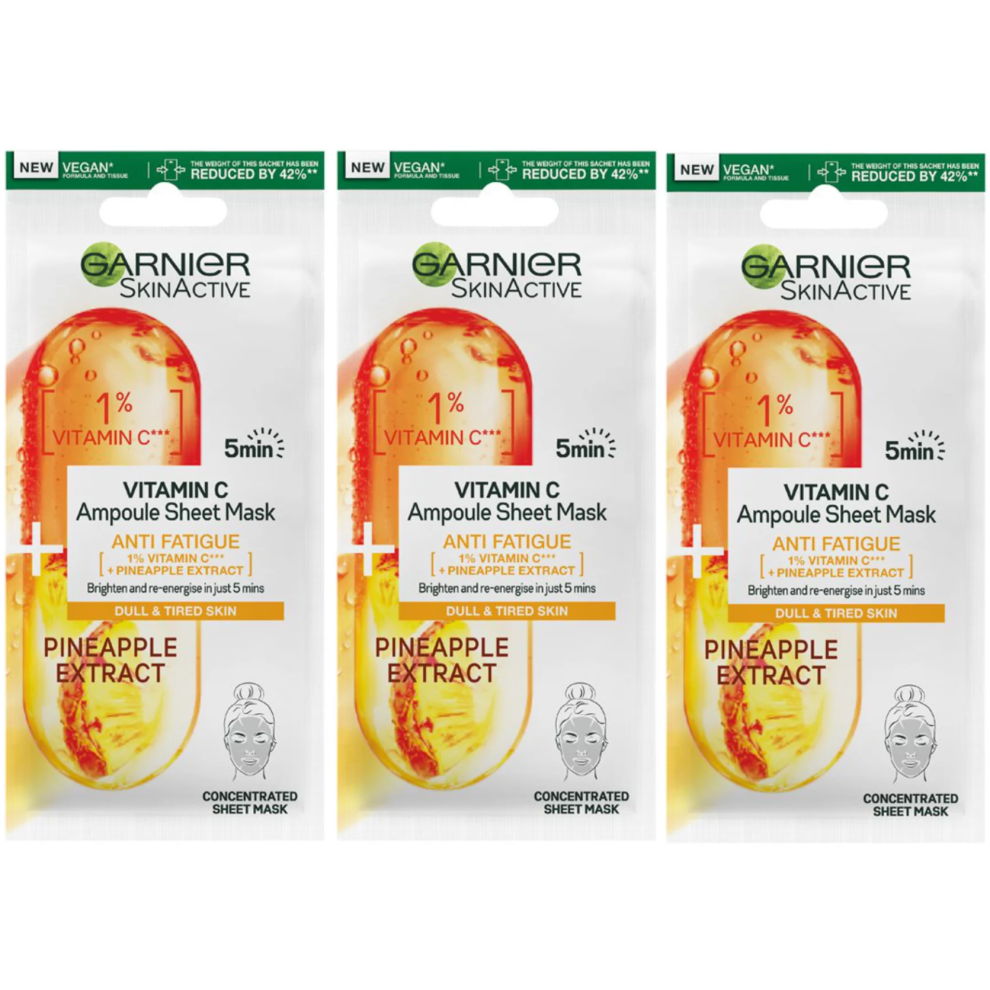 3 X Garnier Skin Active Vitamin C + Pineapple Extract Ampoule Face Sheet Mask 15g