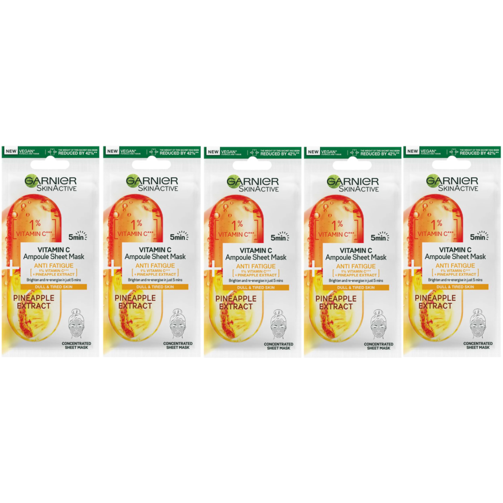 5 X Garnier Skin Active Vitamin C + Pineapple Extract Ampoule Face Sheet Mask 15g