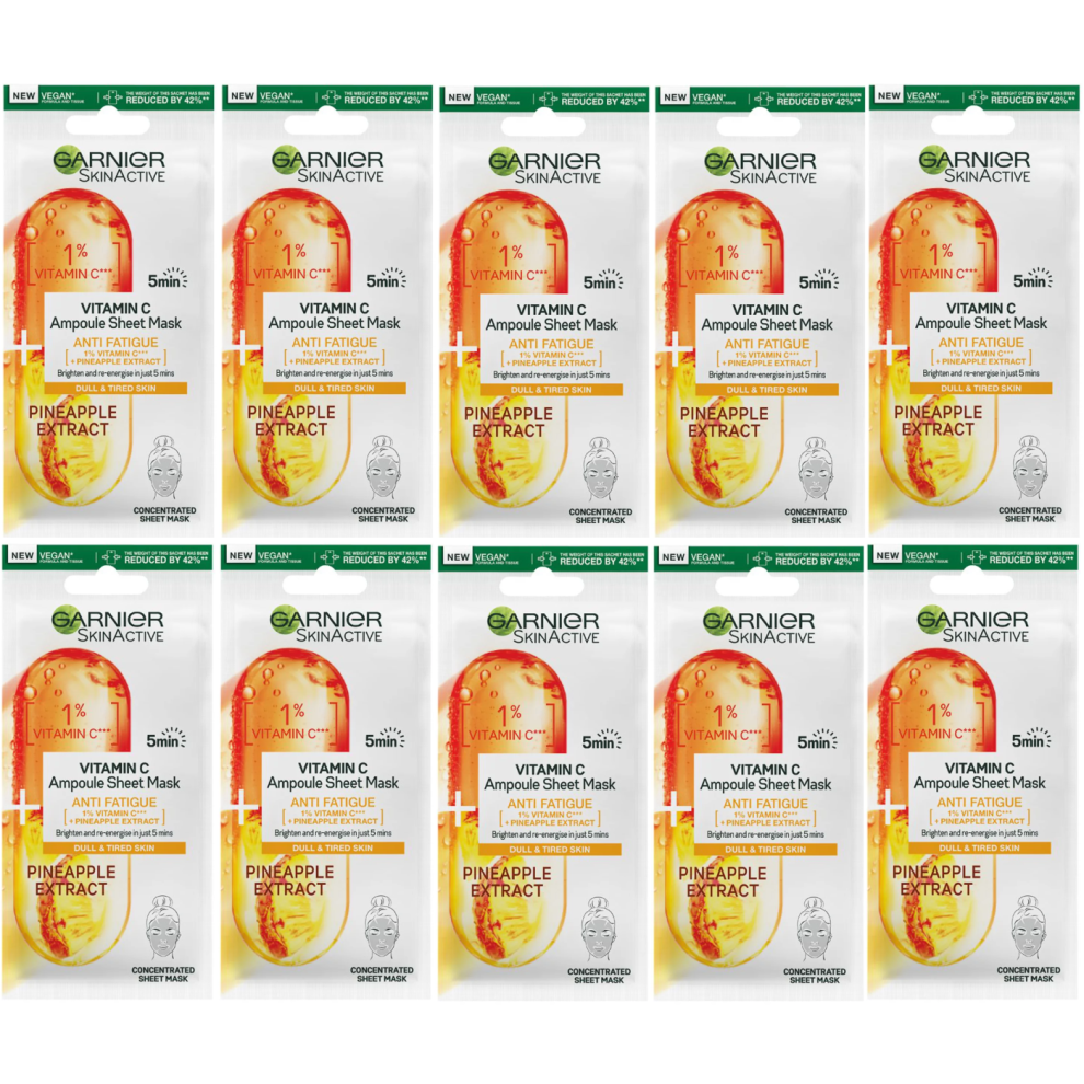 10 X Garnier Skin Active Vitamin C + Pineapple Extract Ampoule Face Sheet Mask 15g